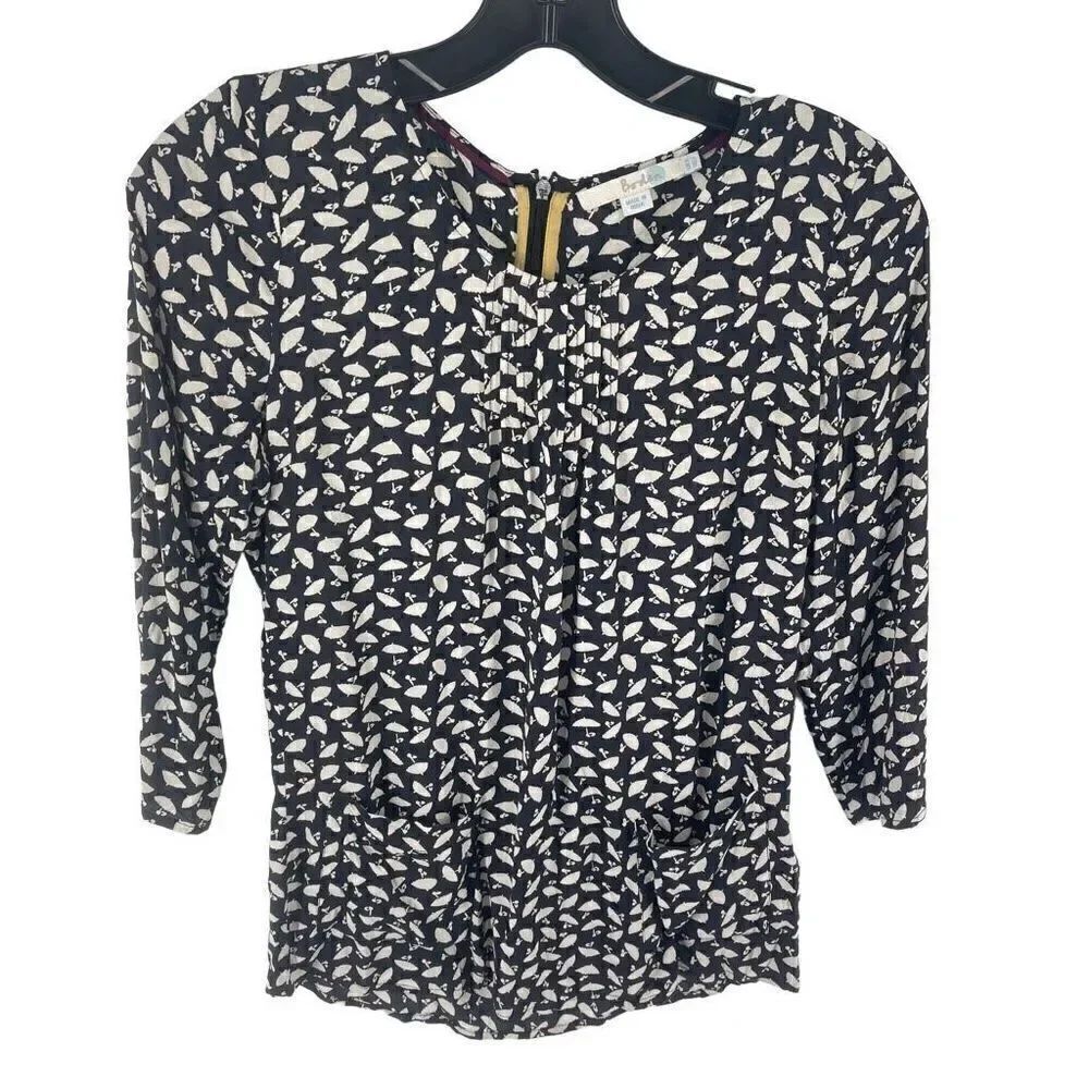 Boden Women's Umbrella Pattern Top Blouse 3/4 Sleeve Viscose Black White Size 2